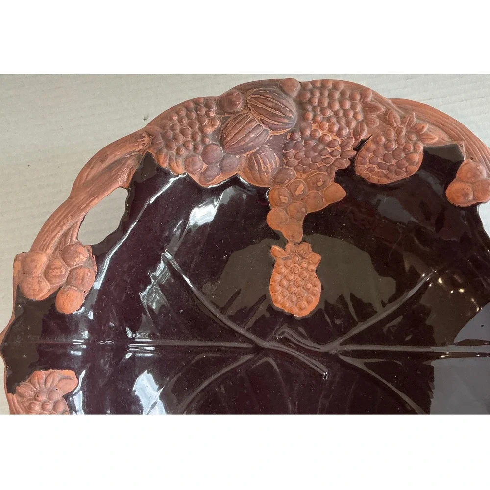 Vintage‎ Ceramic Grape Vine Fruit Bowl Hand Painted Terracotta 10in